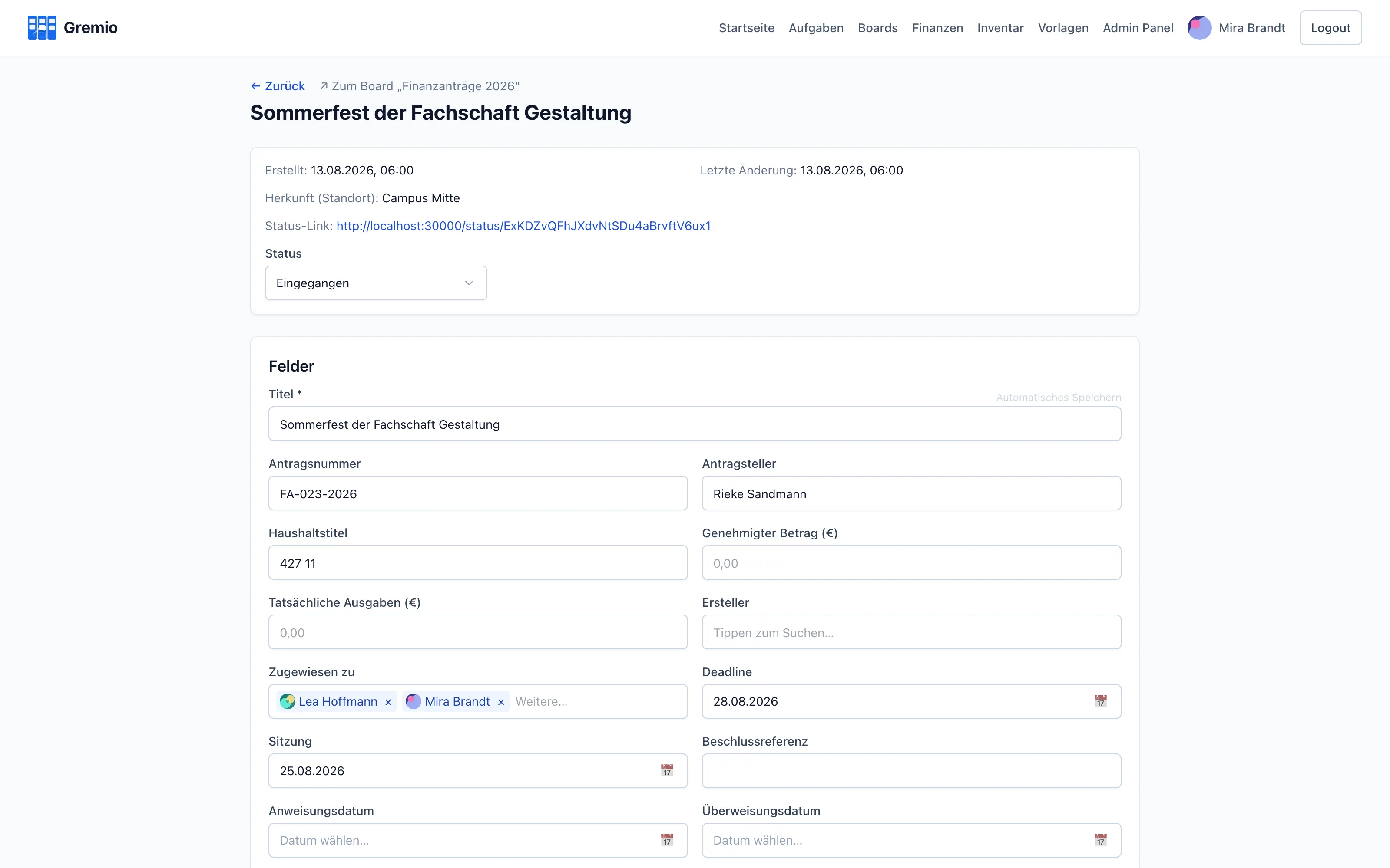 Detailansicht eines Antrags mit Status, Status-Link, Antragsnummer, Haushaltstitel, genehmigtem Betrag, tatsächlichen Ausgaben, Zuweisungen, Deadline, Sitzungs- und Anweisungsdatum.