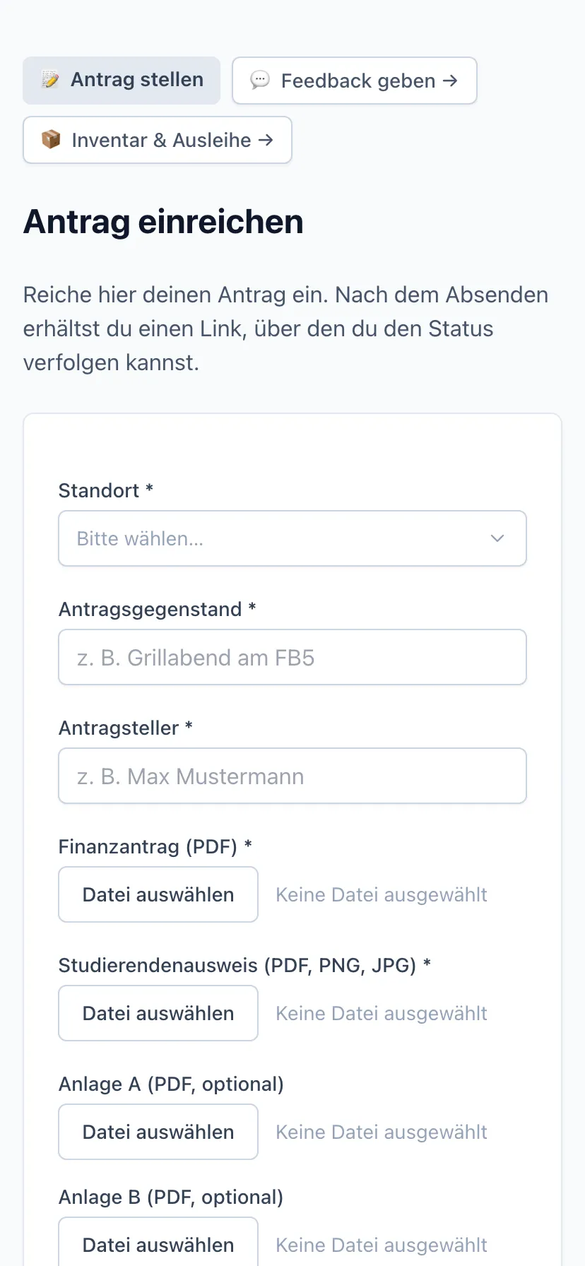 Dasselbe Formular auf schmalem Display: Die Felder stehen untereinander statt nebeneinander und nutzen die volle Breite, die Bereichsumschalter oben brechen auf zwei Zeilen um.