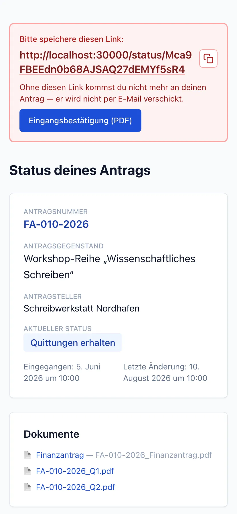 Die Statusseite auf schmalem Display: Der Hinweis auf den zu speichernden Link steht oben, darunter die Angaben zum Vorgang und die Dokumente jeweils über die volle Breite.