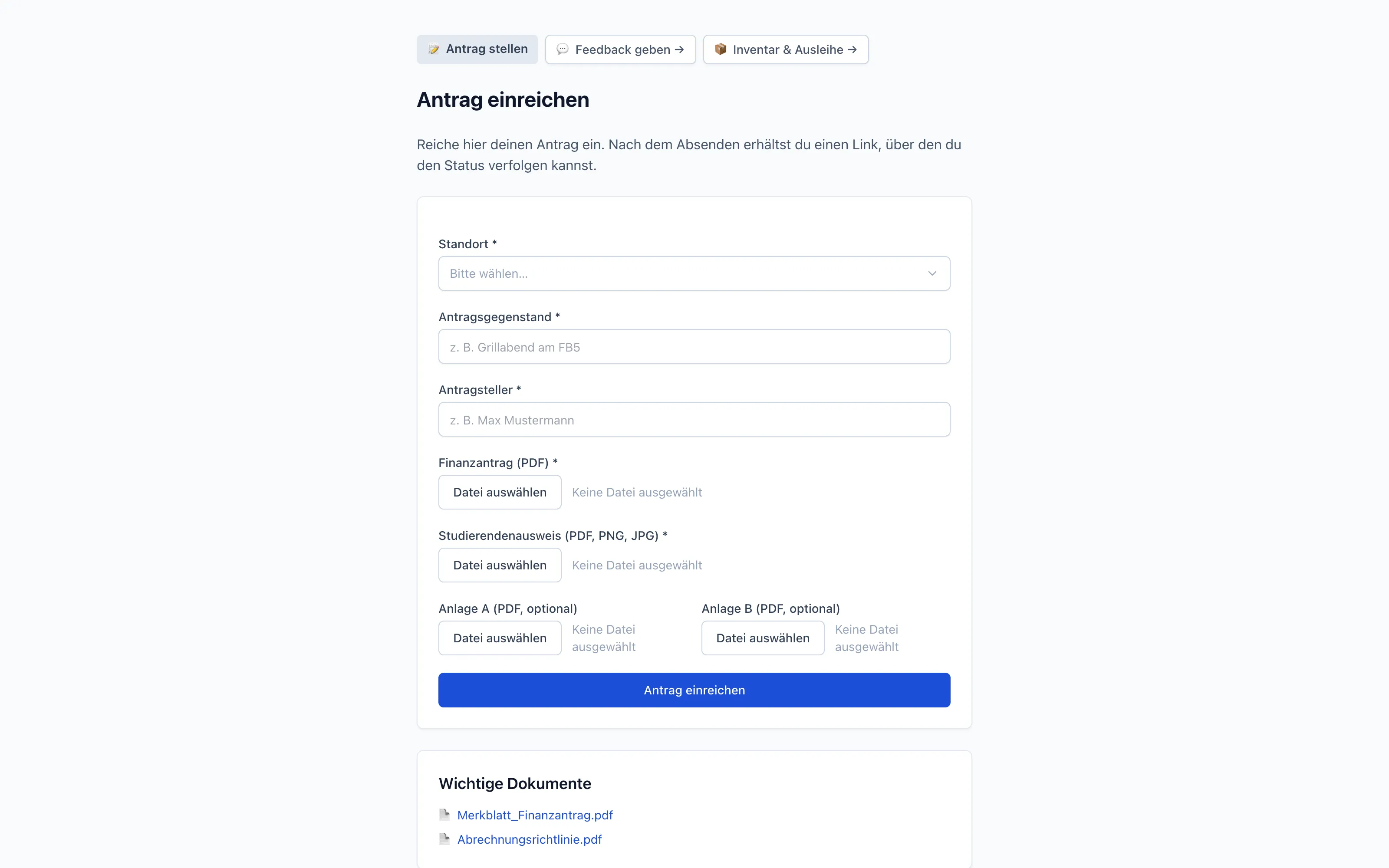 Formular zum Einreichen eines Antrags mit Standortauswahl, Antragsgegenstand, Antragsteller und PDF-Uploads.