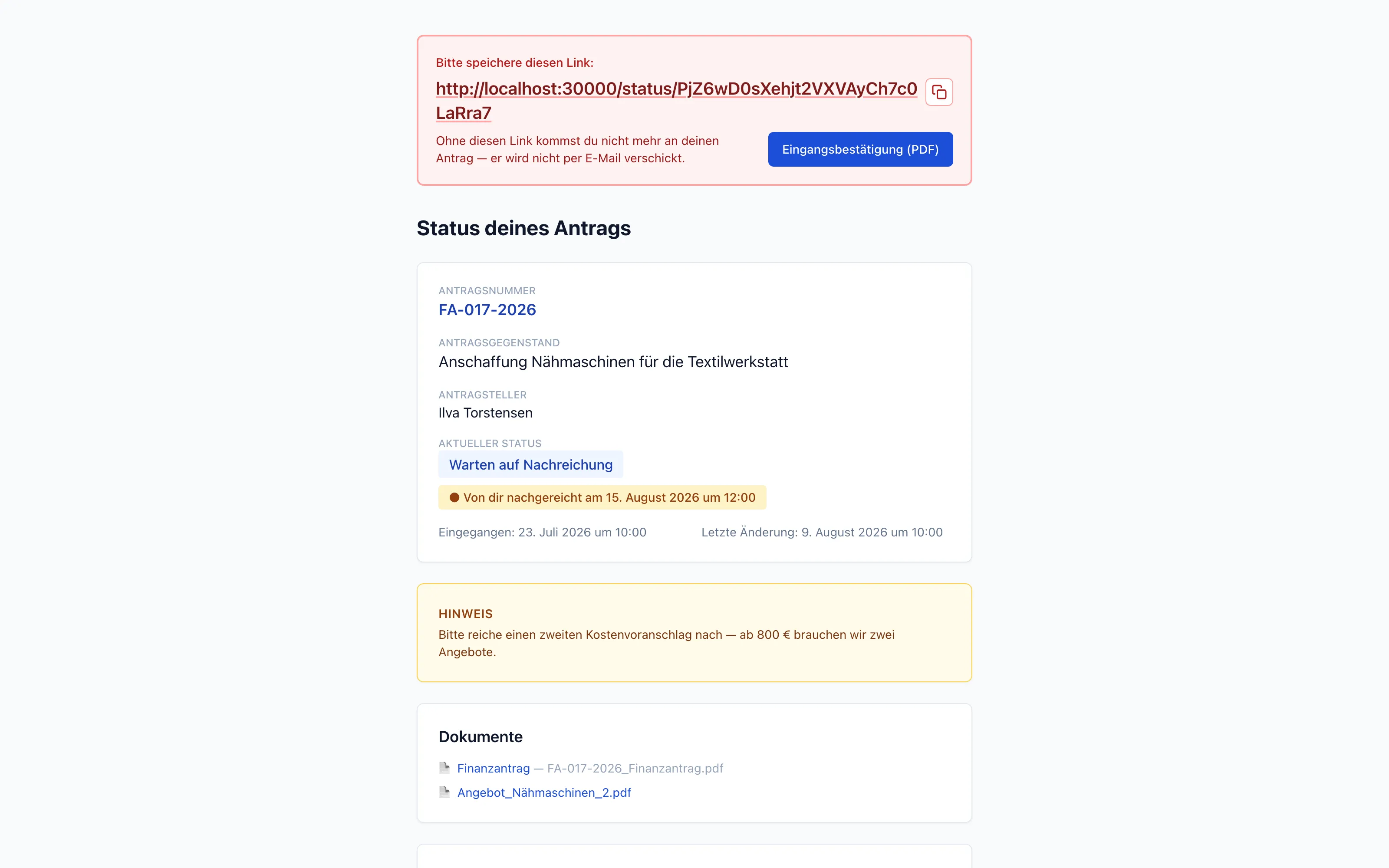 Statusseite mit dem Vermerk, dass eine Unterlage nachgereicht werden muss, und einem Feld zum Hochladen weiterer PDF-Dateien.