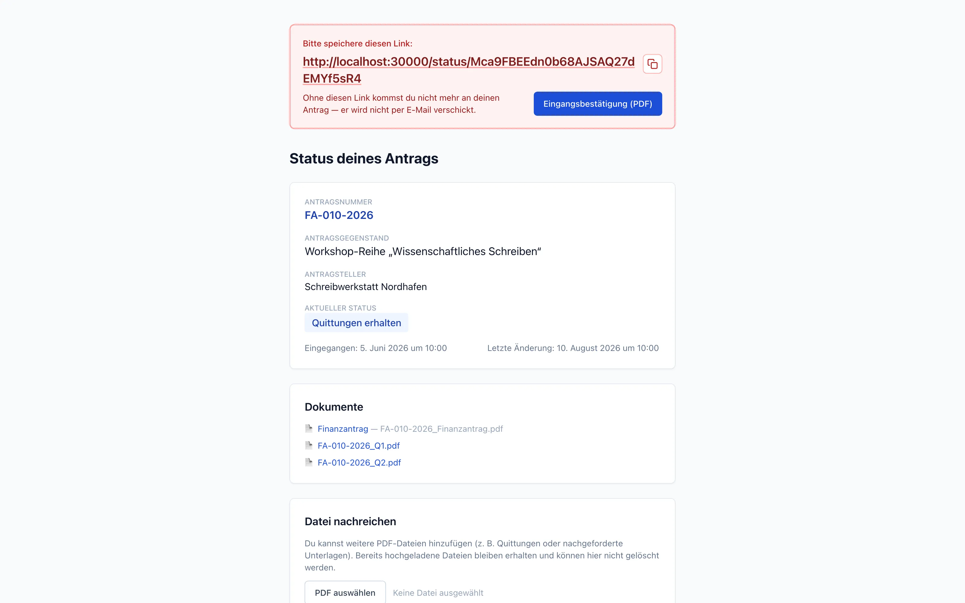 Statusseite mit Antragsnummer, aktuellem Status, hinterlegten PDF-Dokumenten und der Möglichkeit, Quittungen nachzureichen.